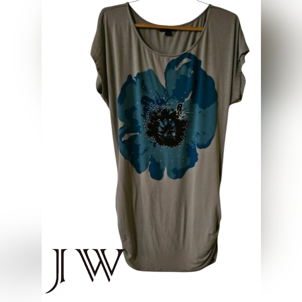 JW STYLE Side Ruched Jersey Bodycon Fitted Dress- ( Grey/ Blue Floral Design- XL
